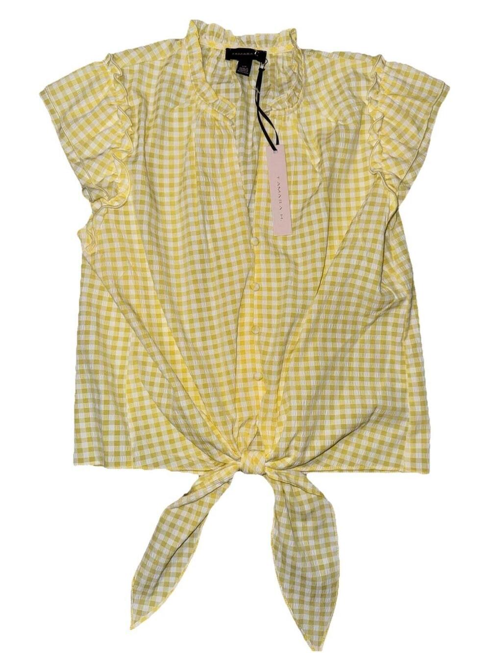 NWT yellow Gingham Cottage-core Flutter Sleeve Blouse tied front preppy vacation